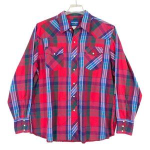 Vintage Wrangler Western Pearl Snap Shirt Mens XL Plaid Red Blue Long Sleeve Top
